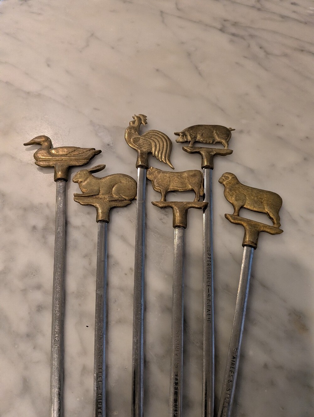 Vintage USA Branded Set of 6 Stainless Steel Brass Animal BBQ Garden Skewers